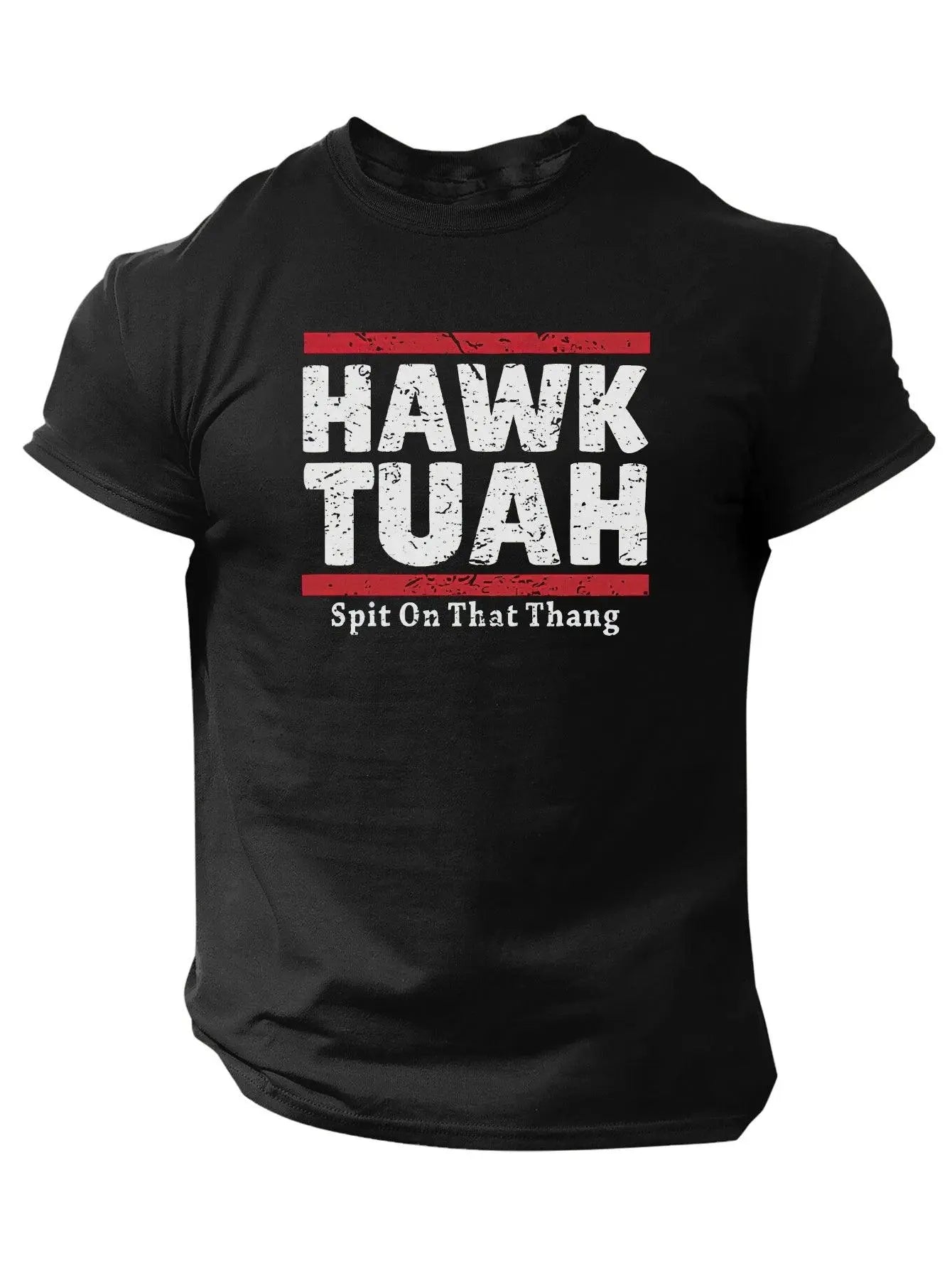 Slogans Hawk Tuah Print Men's Crew Neck Short Sleeve T-shirt, Summer Casual Versatile Top For Outdoor Fitness & Daily - SS69