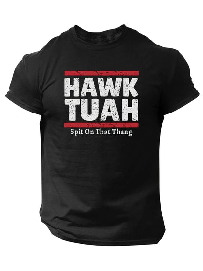 Slogans Hawk Tuah Print Men's Crew Neck Short Sleeve T-shirt, Summer Casual Versatile Top For Outdoor Fitness & Daily - SS69
