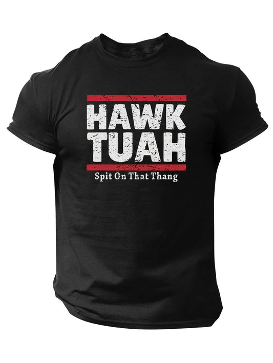 Slogans Hawk Tuah Print Men's Crew Neck Short Sleeve T-shirt, Summer Casual Versatile Top For Outdoor Fitness & Daily - SS69