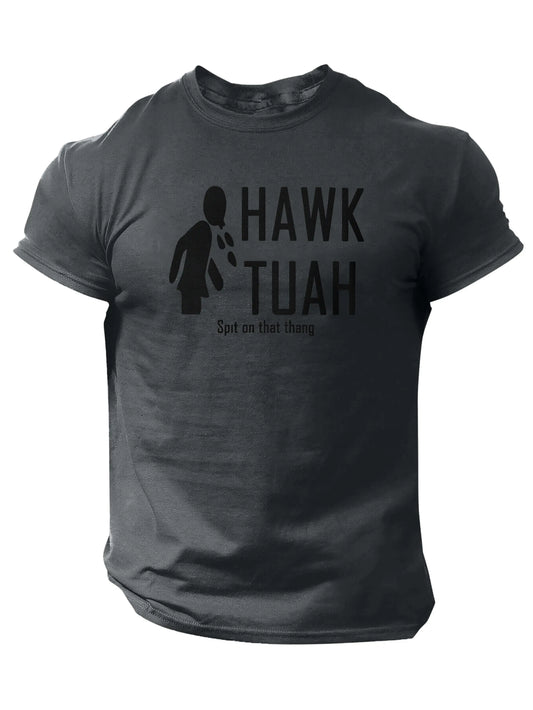 Slogans Hawk Tuah Print Men's Crew Neck Short Sleeve T-shirt, Summer Casual Versatile Top For Outdoor Fitness & Daily - SS69