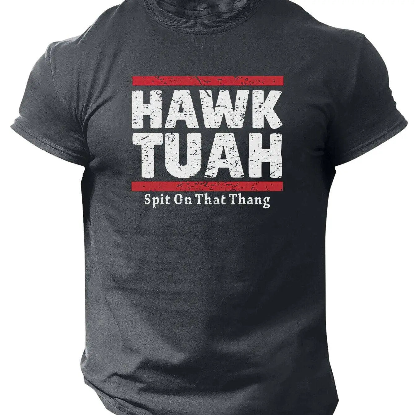 Slogans Hawk Tuah Print Men's Crew Neck Short Sleeve T-shirt, Summer Casual Versatile Top For Outdoor Fitness & Daily - SS69