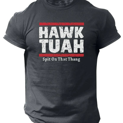 Slogans Hawk Tuah Print Men's Crew Neck Short Sleeve T-shirt, Summer Casual Versatile Top For Outdoor Fitness & Daily - SS69