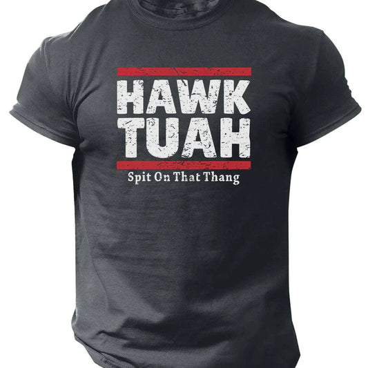 Slogans Hawk Tuah Print Men's Crew Neck Short Sleeve T-shirt, Summer Casual Versatile Top For Outdoor Fitness & Daily - SS69