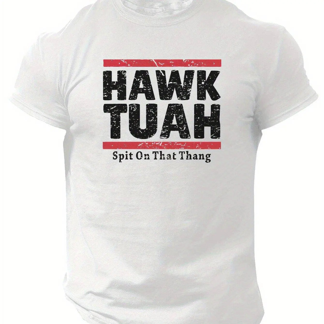 Slogans Hawk Tuah Print Men's Crew Neck Short Sleeve T-shirt, Summer Casual Versatile Top For Outdoor Fitness & Daily - SS69
