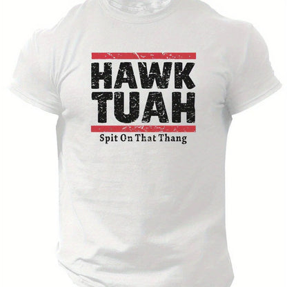 Slogans Hawk Tuah Print Men's Crew Neck Short Sleeve T-shirt, Summer Casual Versatile Top For Outdoor Fitness & Daily - SS69