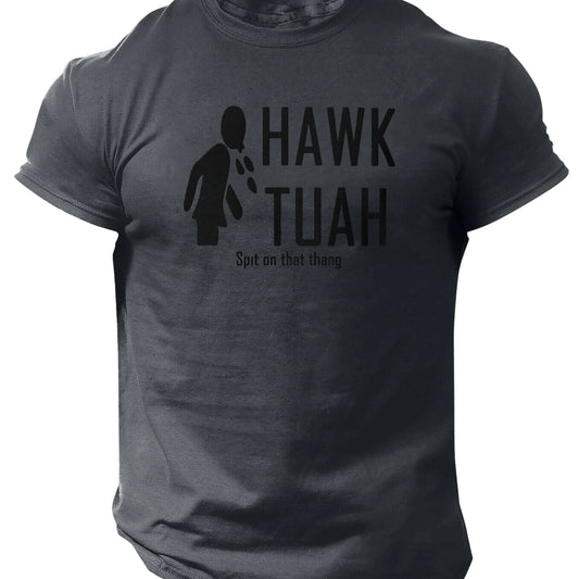 Slogans Hawk Tuah Print Men's Crew Neck Short Sleeve T-shirt, Summer Casual Versatile Top For Outdoor Fitness & Daily - SS69
