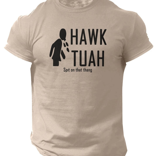 Slogans Hawk Tuah Print Men's Crew Neck Short Sleeve T-shirt, Summer Casual Versatile Top For Outdoor Fitness & Daily - SS69