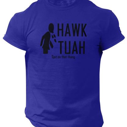 Slogans Hawk Tuah Print Men's Crew Neck Short Sleeve T-shirt, Summer Casual Versatile Top For Outdoor Fitness & Daily - SS69
