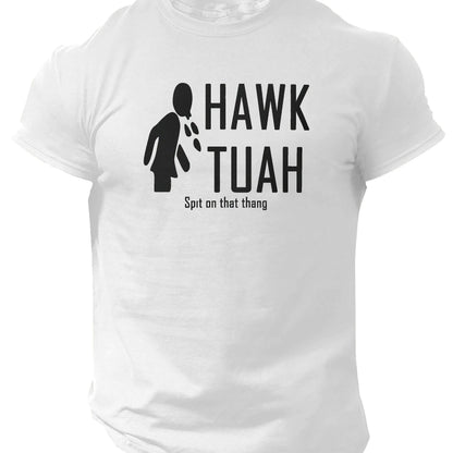 Slogans Hawk Tuah Print Men's Crew Neck Short Sleeve T-shirt, Summer Casual Versatile Top For Outdoor Fitness & Daily - SS69