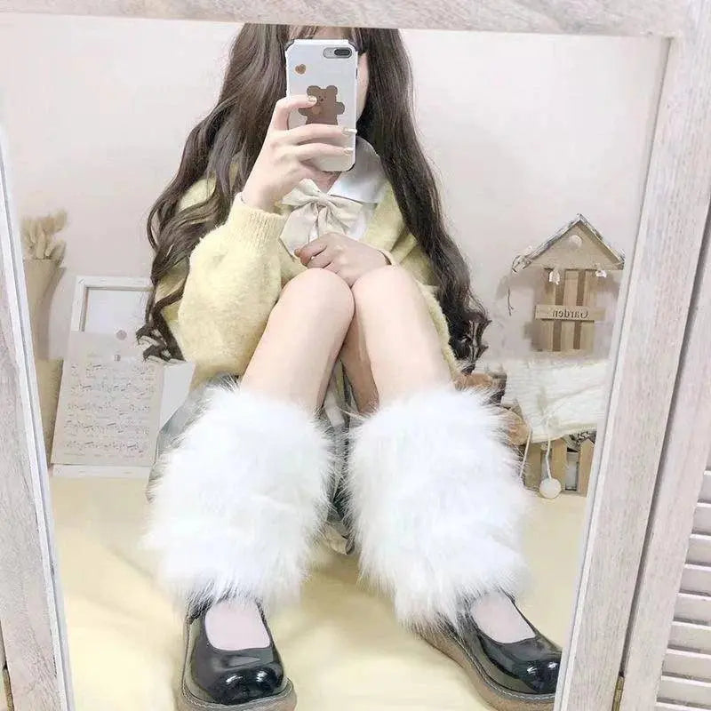 Soft White Fluffy Leg Warmer Women Girls Winter Warm Faux Fur Stockings Long Socks Legging Foot Boot Covers Thick Calf Socks SS69