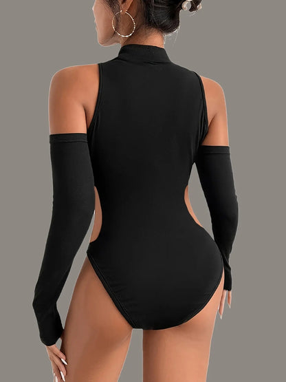 Solid Cut Out Bodysuit, Casual Long Sleeve Mock Neck One Piece Bodysuit, Women's Clothing SS69