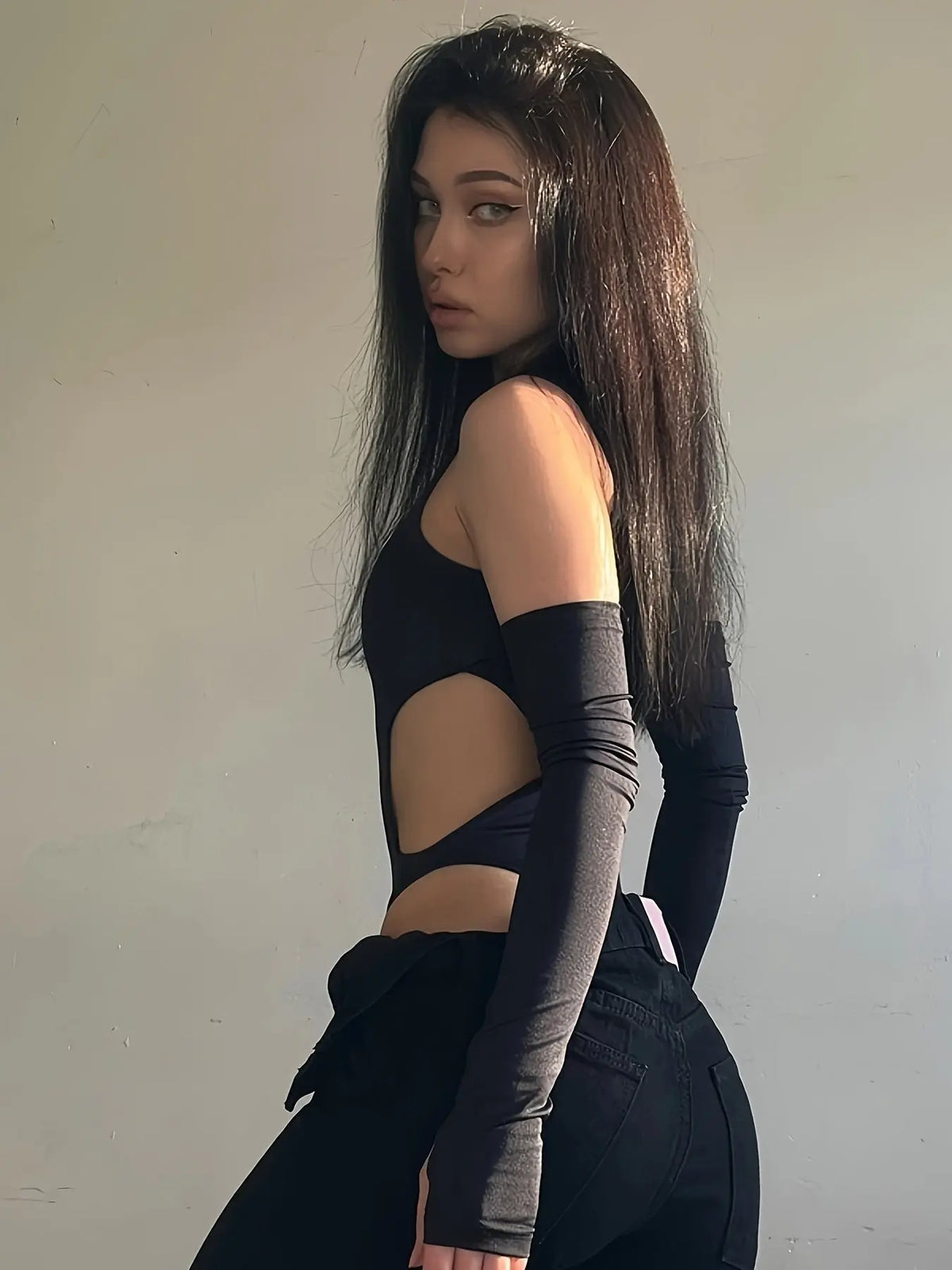 Solid Cut Out Bodysuit, Casual Long Sleeve Mock Neck One Piece Bodysuit, Women's Clothing SS69