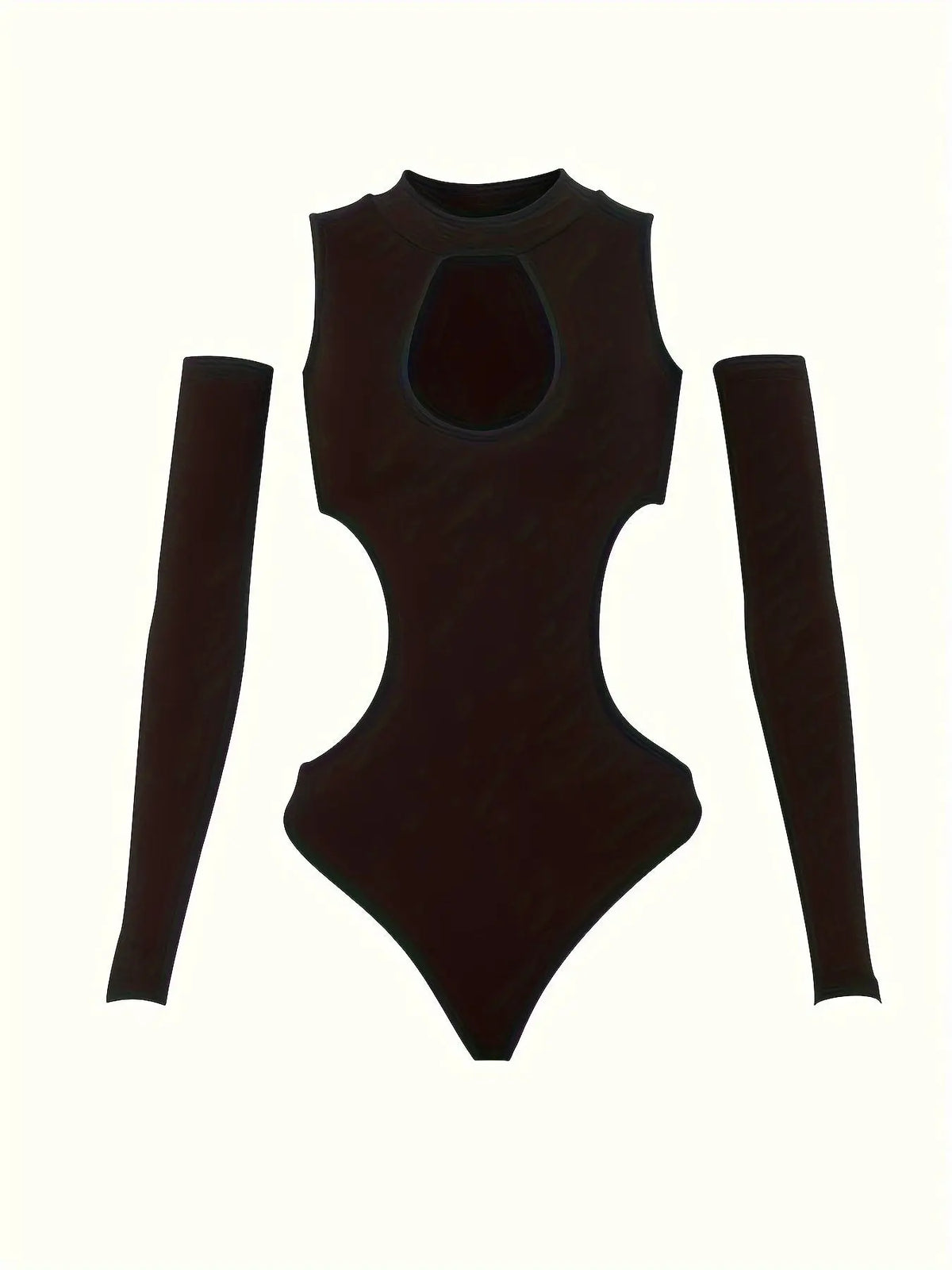 Solid Cut Out Bodysuit, Casual Long Sleeve Mock Neck One Piece Bodysuit, Women's Clothing SS69