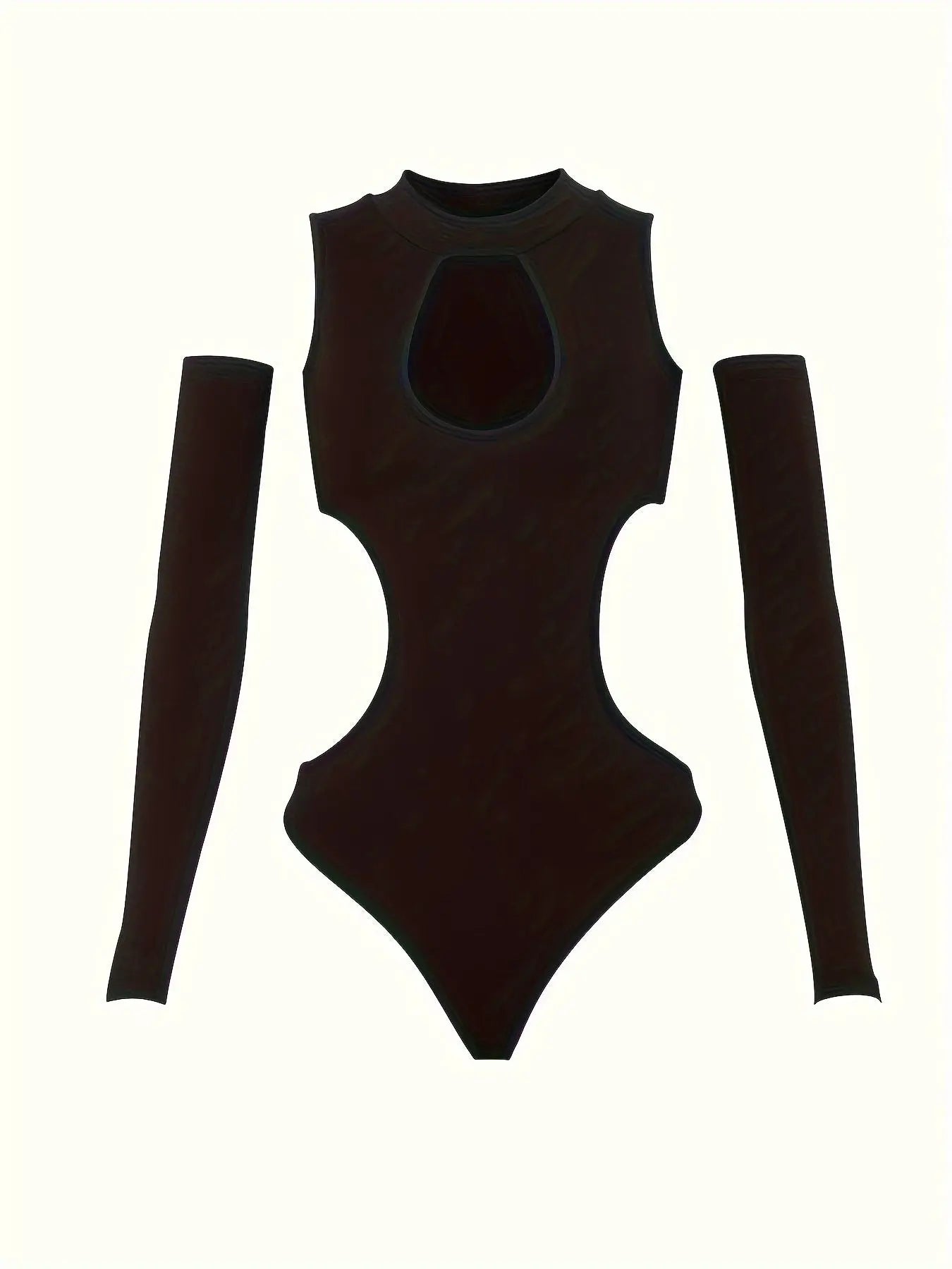 Solid Cut Out Bodysuit, Casual Long Sleeve Mock Neck One Piece Bodysuit, Women's Clothing SS69