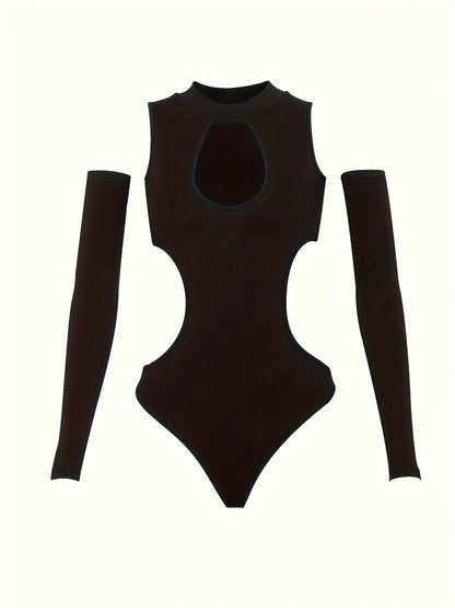 Solid Cut Out Bodysuit, Casual Long Sleeve Mock Neck One Piece Bodysuit, Women's Clothing SS69