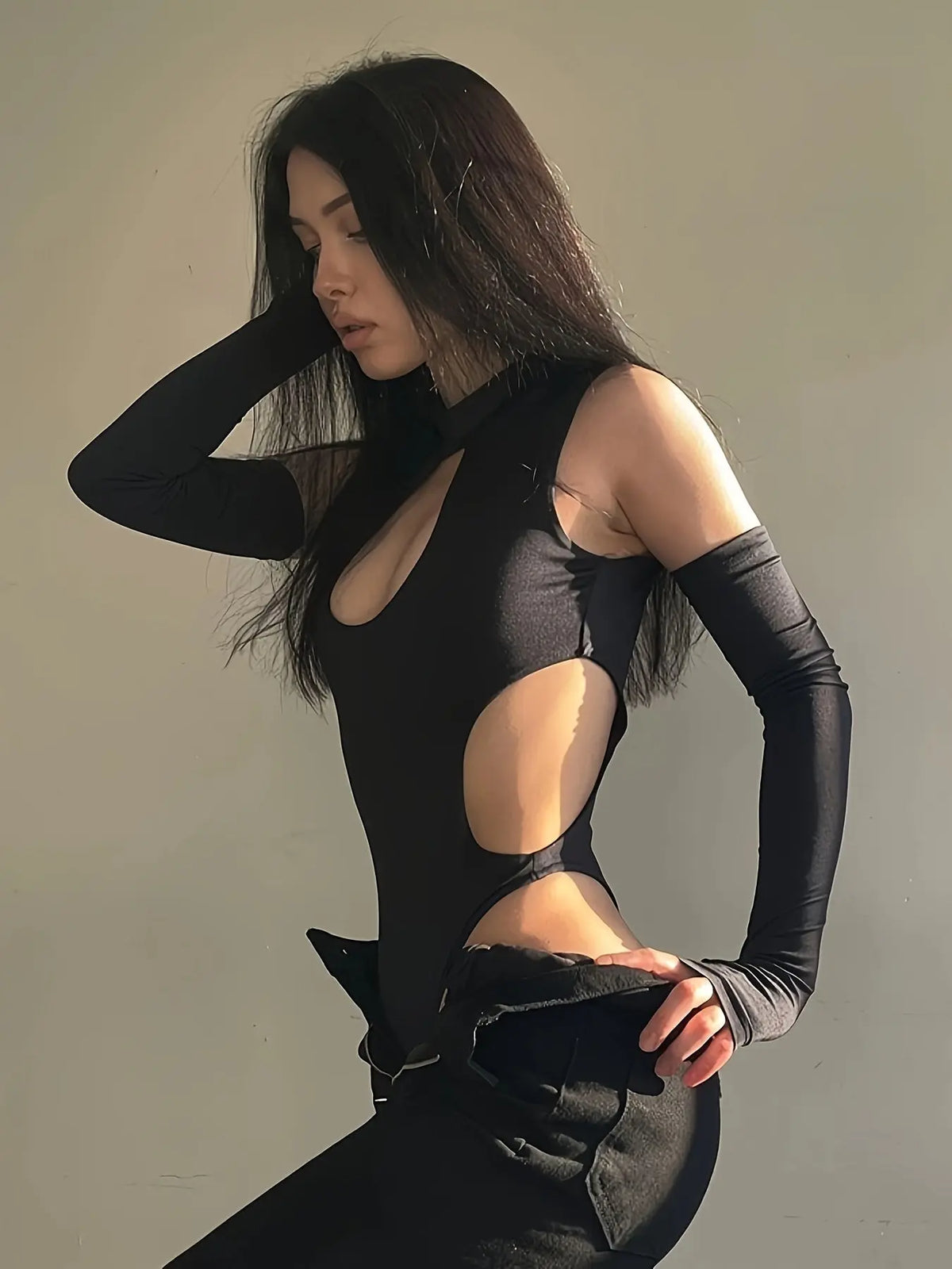 Solid Cut Out Bodysuit, Casual Long Sleeve Mock Neck One Piece Bodysuit, Women's Clothing SS69