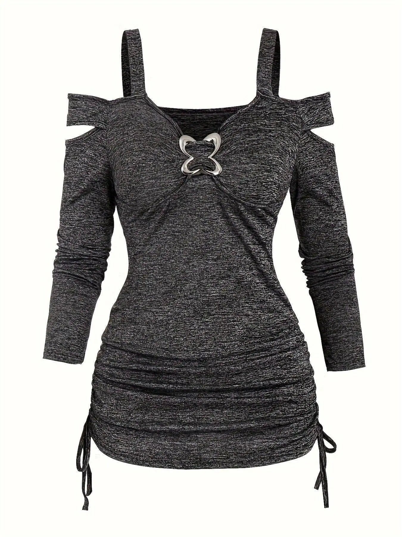 Solid Cut Out Metal Button T-Shirt, Y2K Long Sleeve T-Shirt For Spring & Fall, Women's Clothing SS69