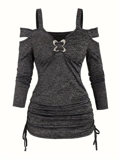 Solid Cut Out Metal Button T-Shirt, Y2K Long Sleeve T-Shirt For Spring & Fall, Women's Clothing SS69