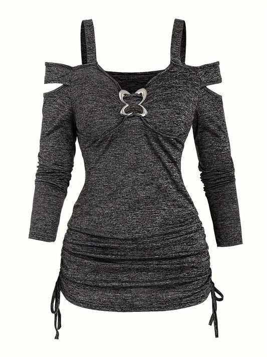 Solid Cut Out Metal Button T-Shirt, Y2K Long Sleeve T-Shirt For Spring & Fall, Women's Clothing SS69