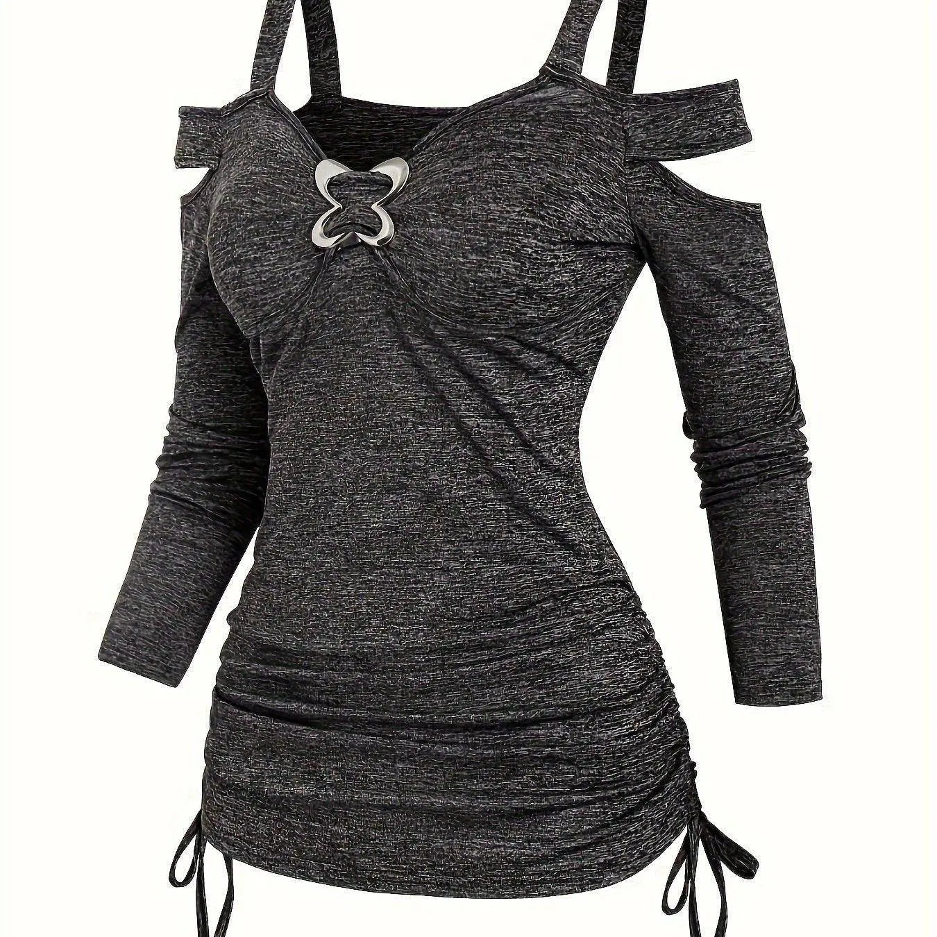 Solid Cut Out Metal Button T-Shirt, Y2K Long Sleeve T-Shirt For Spring & Fall, Women's Clothing SS69 19.69 Dark Gray / XXL