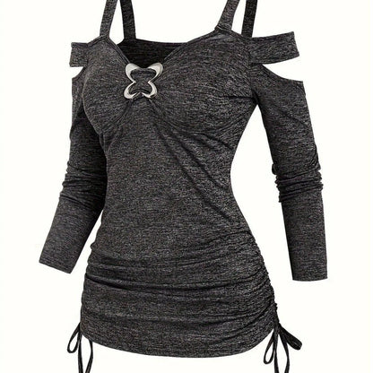 Solid Cut Out Metal Button T-Shirt, Y2K Long Sleeve T-Shirt For Spring & Fall, Women's Clothing SS69 19.69 Dark Gray / XXL