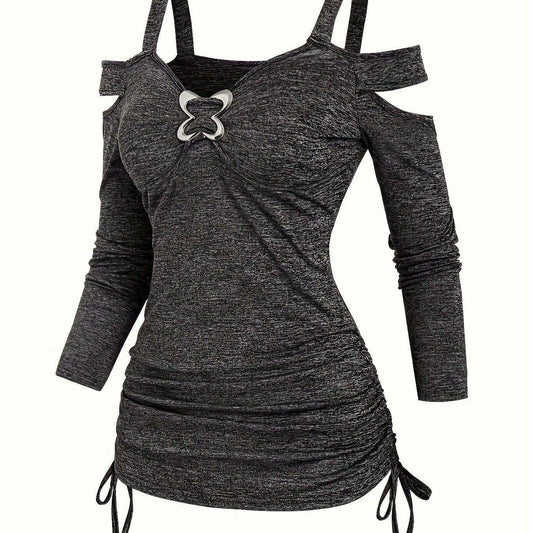 Solid Cut Out Metal Button T-Shirt, Y2K Long Sleeve T-Shirt For Spring & Fall, Women's Clothing SS69 19.69 Dark Gray / XXL