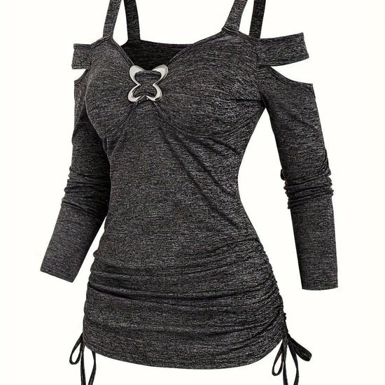 Solid Cut Out Metal Button T-Shirt, Y2K Long Sleeve T-Shirt For Spring & Fall, Women's Clothing SS69 19.69 Dark Gray / XXL