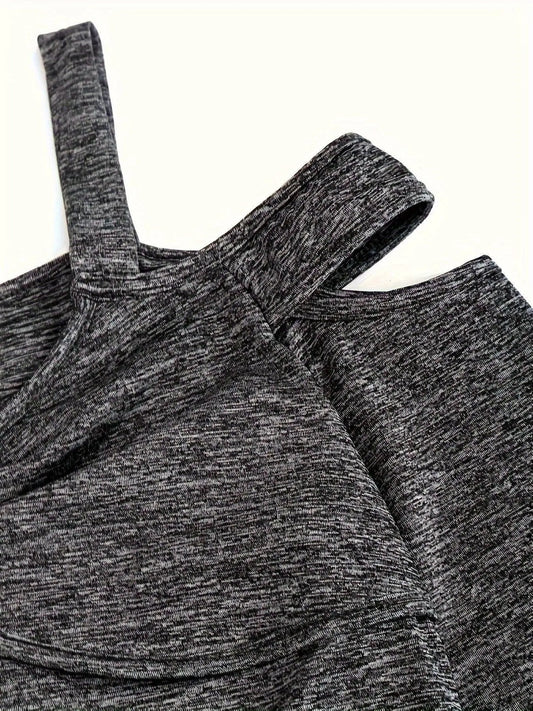 Solid Cut Out Metal Button T-Shirt, Y2K Long Sleeve T-Shirt For Spring & Fall, Women's Clothing SS69