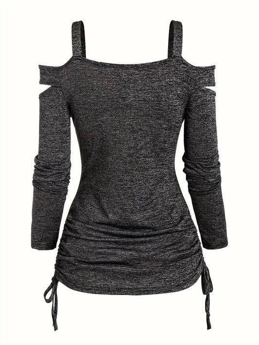 Solid Cut Out Metal Button T-Shirt, Y2K Long Sleeve T-Shirt For Spring & Fall, Women's Clothing SS69