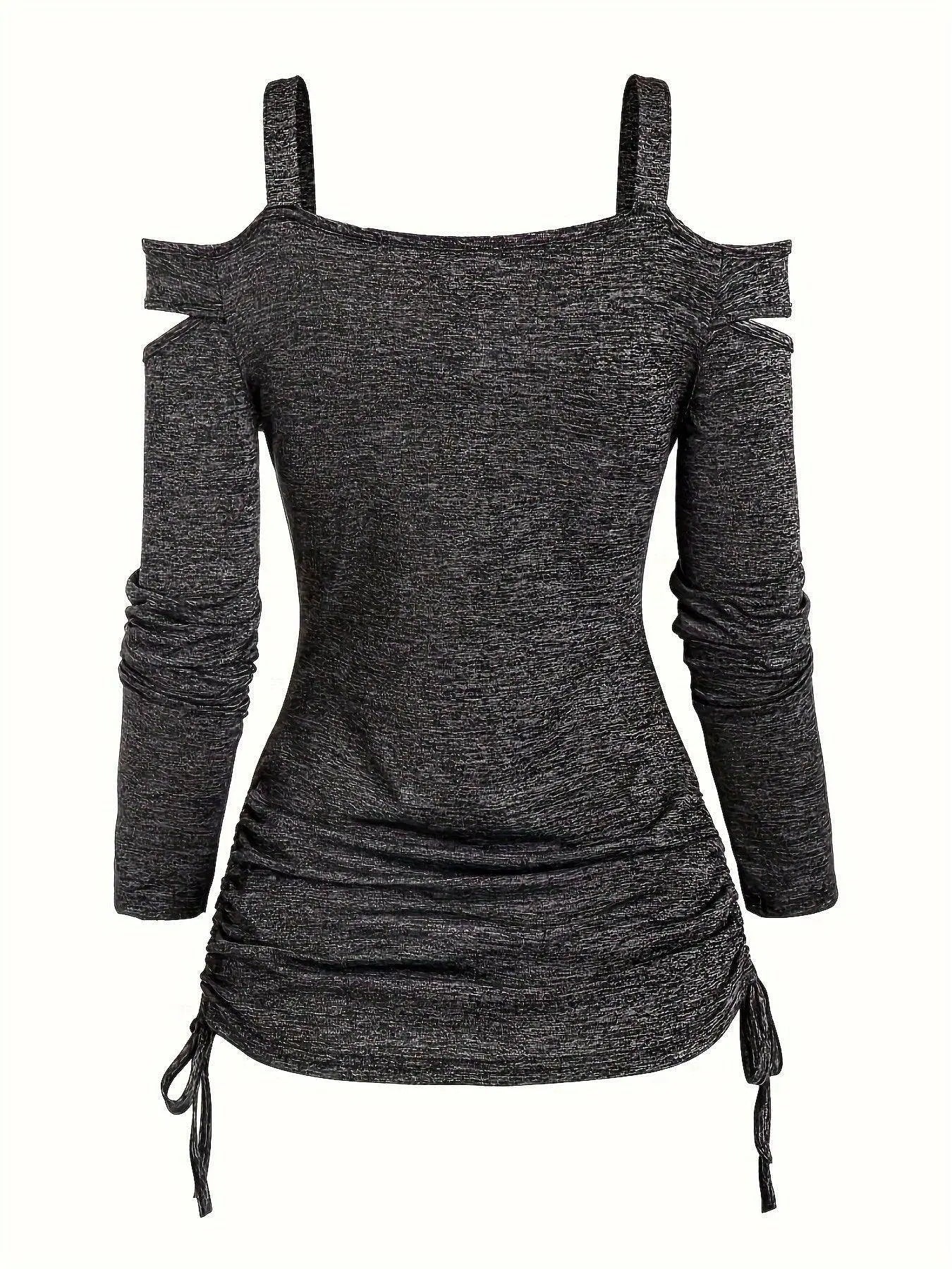 Solid Cut Out Metal Button T-Shirt, Y2K Long Sleeve T-Shirt For Spring & Fall, Women's Clothing SS69