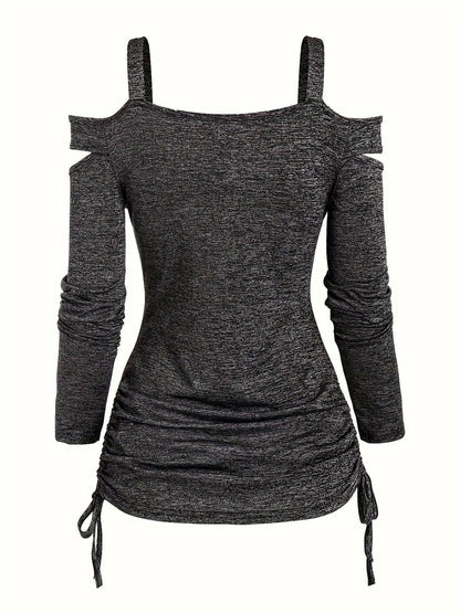 Solid Cut Out Metal Button T-Shirt, Y2K Long Sleeve T-Shirt For Spring & Fall, Women's Clothing SS69