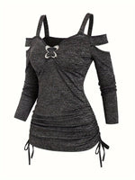 Solid Cut Out Metal Button T-Shirt, Y2K Long Sleeve T-Shirt For Spring & Fall, Women's Clothing SS69