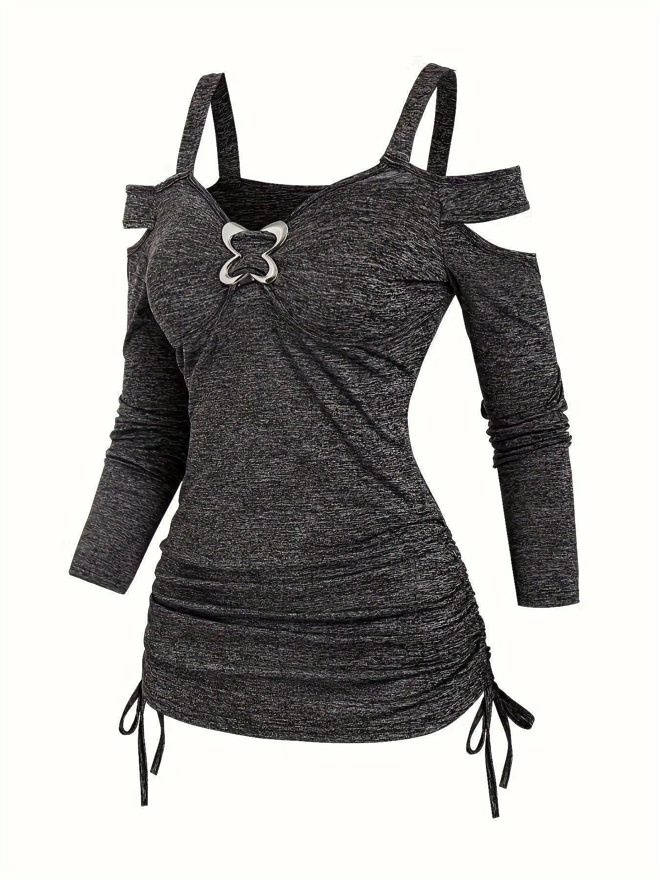 Solid Cut Out Metal Button T-Shirt, Y2K Long Sleeve T-Shirt For Spring & Fall, Women's Clothing SS69