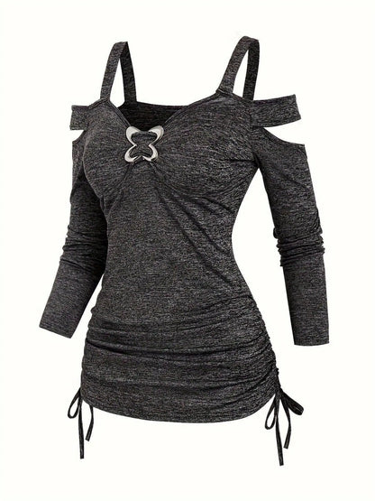 Solid Cut Out Metal Button T-Shirt, Y2K Long Sleeve T-Shirt For Spring & Fall, Women's Clothing SS69