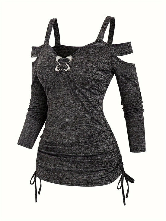 Solid Cut Out Metal Button T-Shirt, Y2K Long Sleeve T-Shirt For Spring & Fall, Women's Clothing SS69