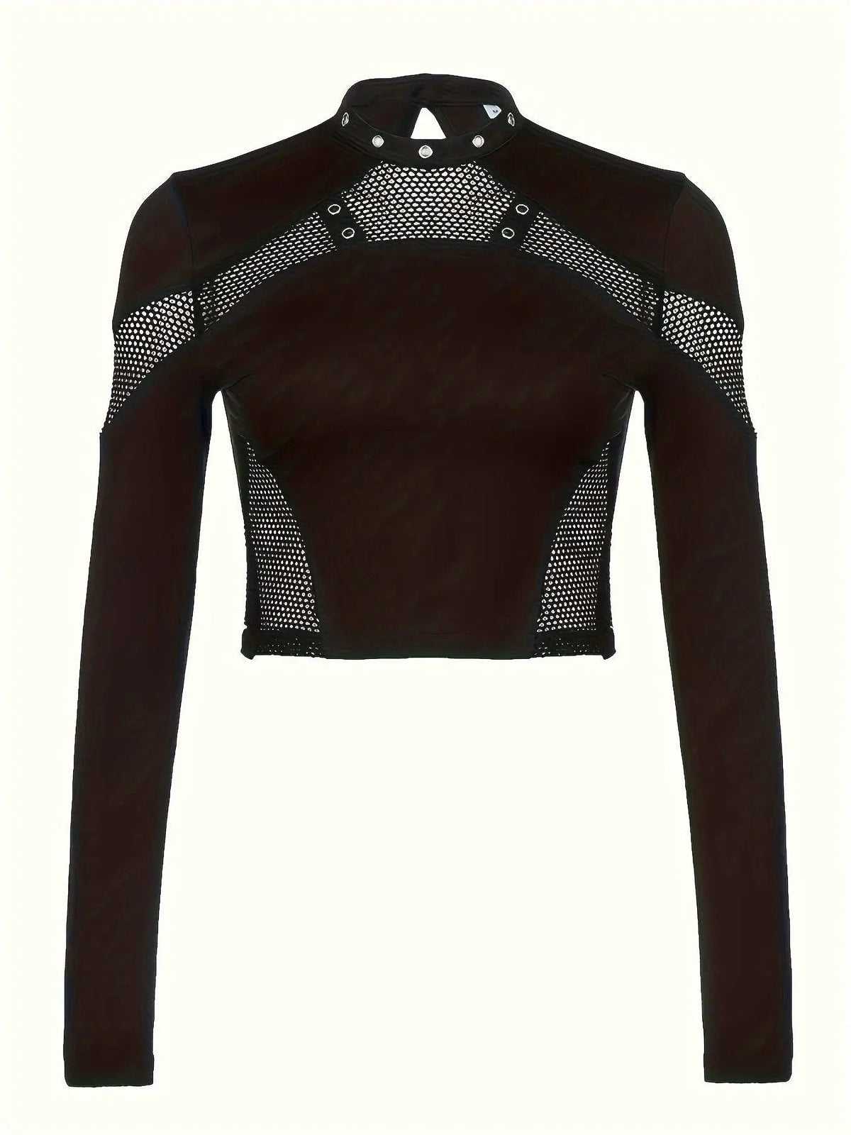 Solid Mesh Splicing Crop T-shirt, Casual Long Sleeve Mock Neck Top For Spring & Fall, Women's Clothing For Y2K/Grunge Style - SS69