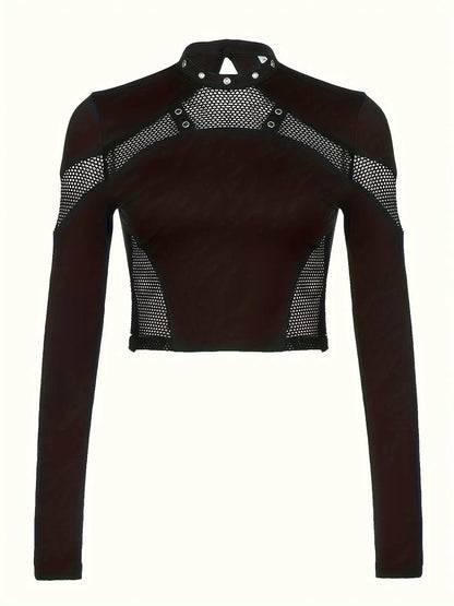 Solid Mesh Splicing Crop T-shirt, Casual Long Sleeve Mock Neck Top For Spring & Fall, Women's Clothing For Y2K/Grunge Style - SS69