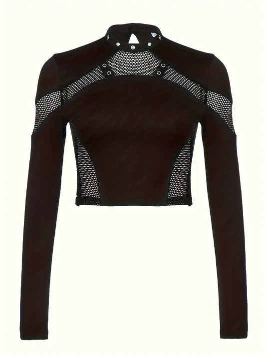 Solid Mesh Splicing Crop T-shirt, Casual Long Sleeve Mock Neck Top For Spring & Fall, Women's Clothing For Y2K/Grunge Style - SS69