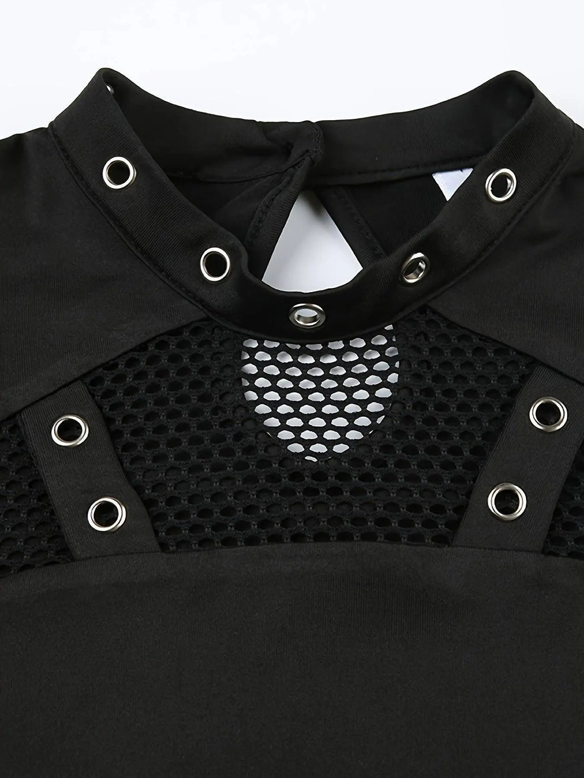 Solid Mesh Splicing Crop T-shirt, Casual Long Sleeve Mock Neck Top For Spring & Fall, Women's Clothing For Y2K/Grunge Style - SS69