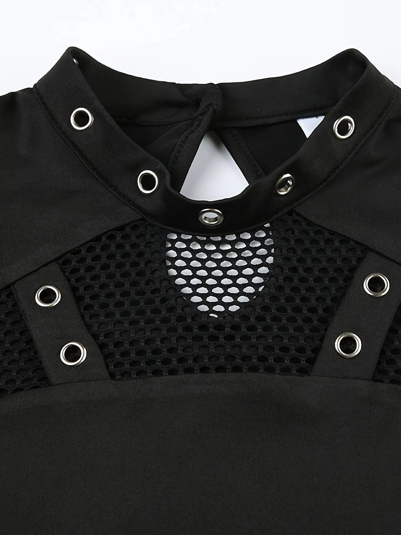 Solid Mesh Splicing Crop T-shirt, Casual Long Sleeve Mock Neck Top For Spring & Fall, Women's Clothing For Y2K/Grunge Style - SS69