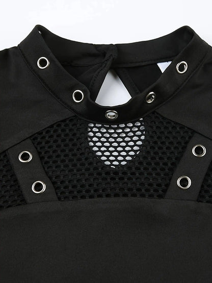 Solid Mesh Splicing Crop T-shirt, Casual Long Sleeve Mock Neck Top For Spring & Fall, Women's Clothing For Y2K/Grunge Style - SS69