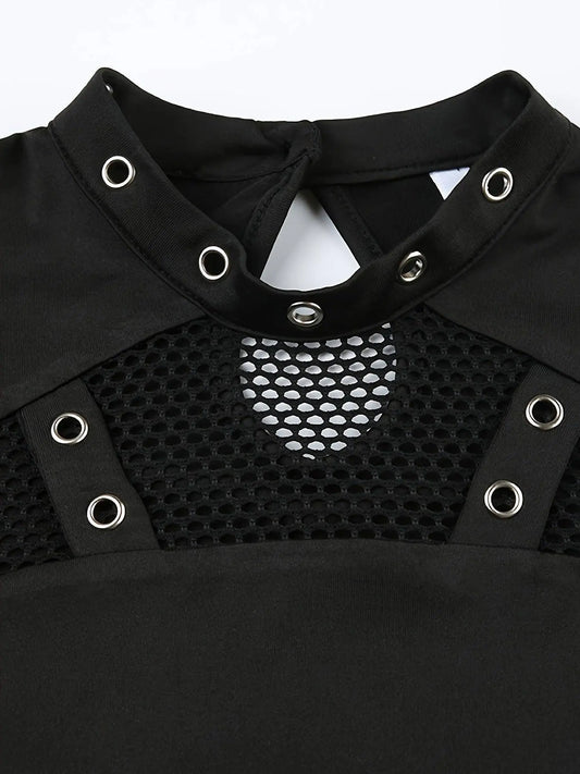 Solid Mesh Splicing Crop T-shirt, Casual Long Sleeve Mock Neck Top For Spring & Fall, Women's Clothing For Y2K/Grunge Style - SS69
