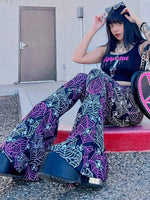 Spider Print Flare Leg Pants, Y2K High Waist Forbidden Pants For Spring & Summer, Women's Clothing SS69