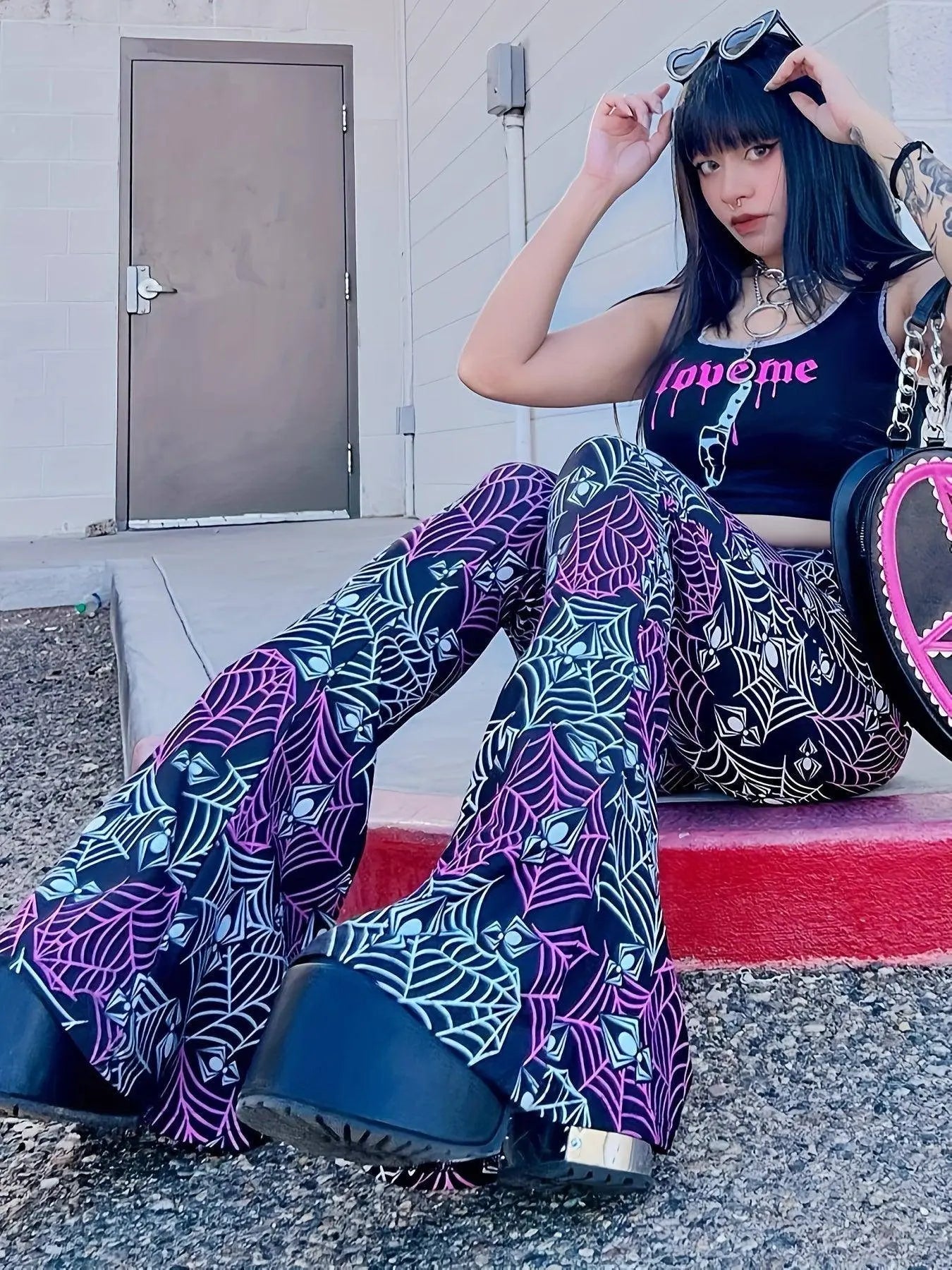 Spider Print Flare Leg Pants, Y2K High Waist Forbidden Pants For Spring & Summer, Women's Clothing SS69