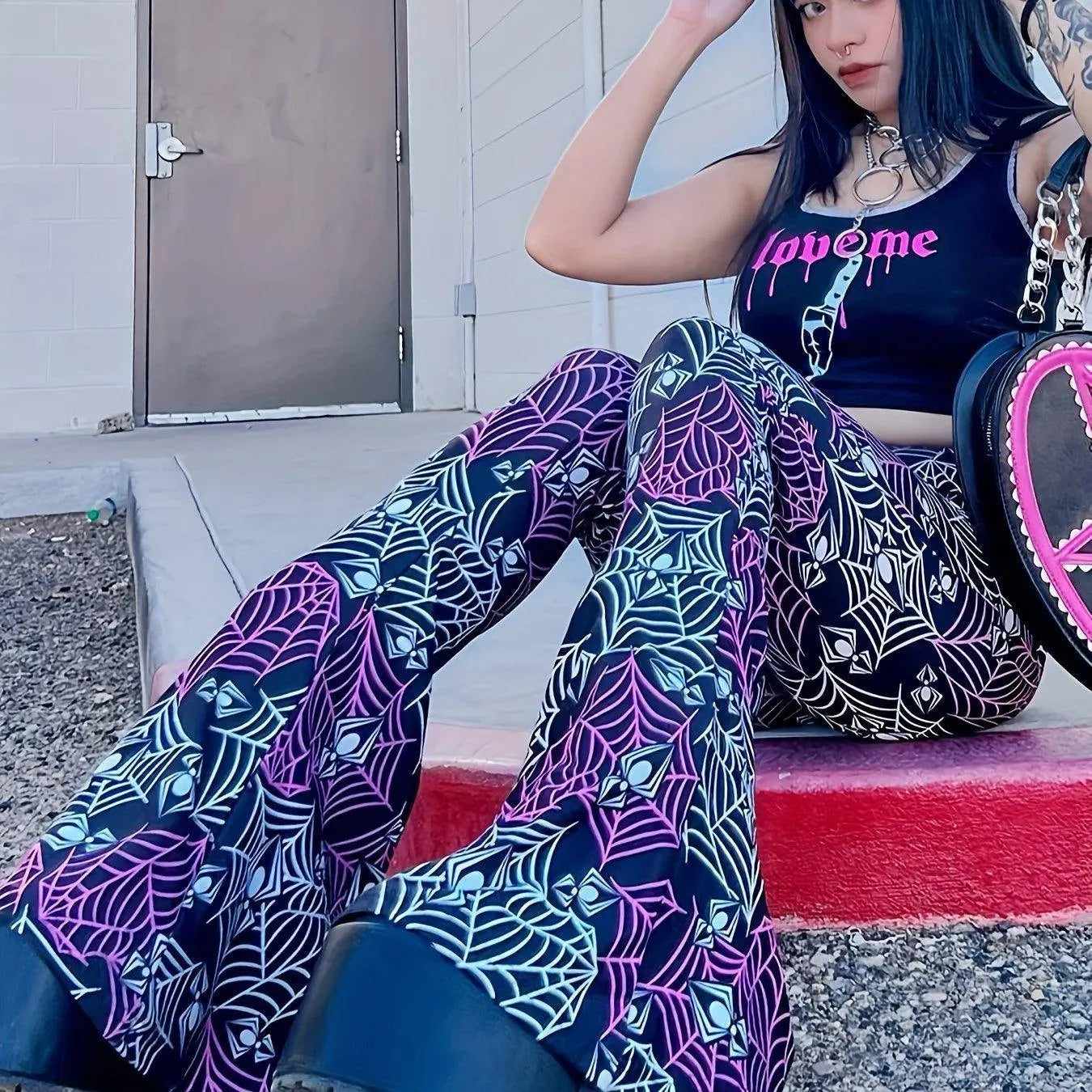 Spider Print Flare Leg Pants, Y2K High Waist Forbidden Pants For Spring & Summer, Women's Clothing SS69