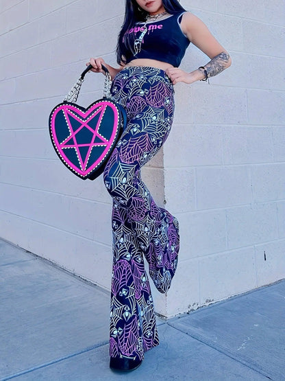 Spider Print Flare Leg Pants, Y2K High Waist Forbidden Pants For Spring & Summer, Women's Clothing SS69
