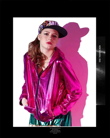 Spring Autumn Women Rose Red Bomber Jacket With A Hood Stage Performance Wear Paillette Feminina Casaco Hip Hop Dance Coat SS69