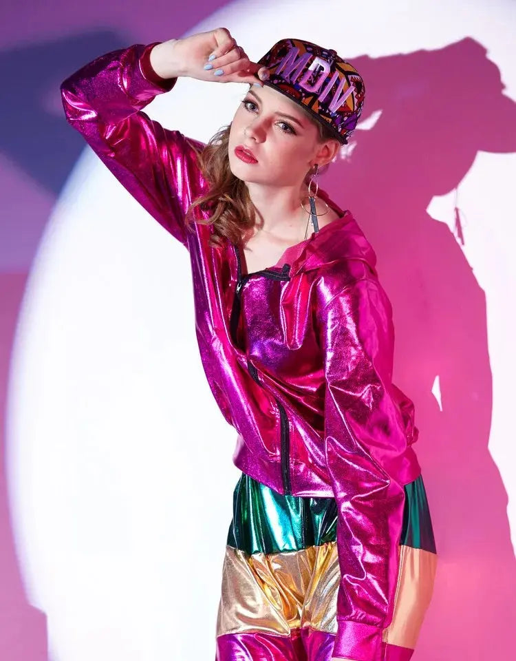 Spring Autumn Women Rose Red Bomber Jacket With A Hood Stage Performance Wear Paillette Feminina Casaco Hip Hop Dance Coat SS69