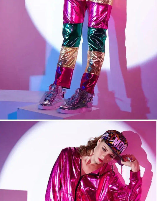 Spring Autumn Women Rose Red Bomber Jacket With A Hood Stage Performance Wear Paillette Feminina Casaco Hip Hop Dance Coat SS69