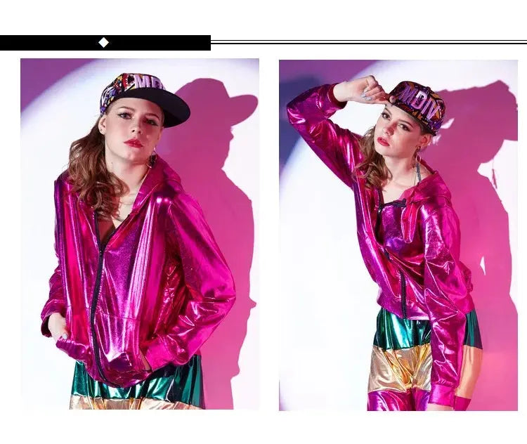 Spring Autumn Women Rose Red Bomber Jacket With A Hood Stage Performance Wear Paillette Feminina Casaco Hip Hop Dance Coat SS69